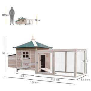 Gallinero de Madera de Abeto Refugio Jaula para Gallinas Pollos Exterior con Caja Nido Bandeja Extraíble y Espacio para Correr 196x76x97 cm Natural