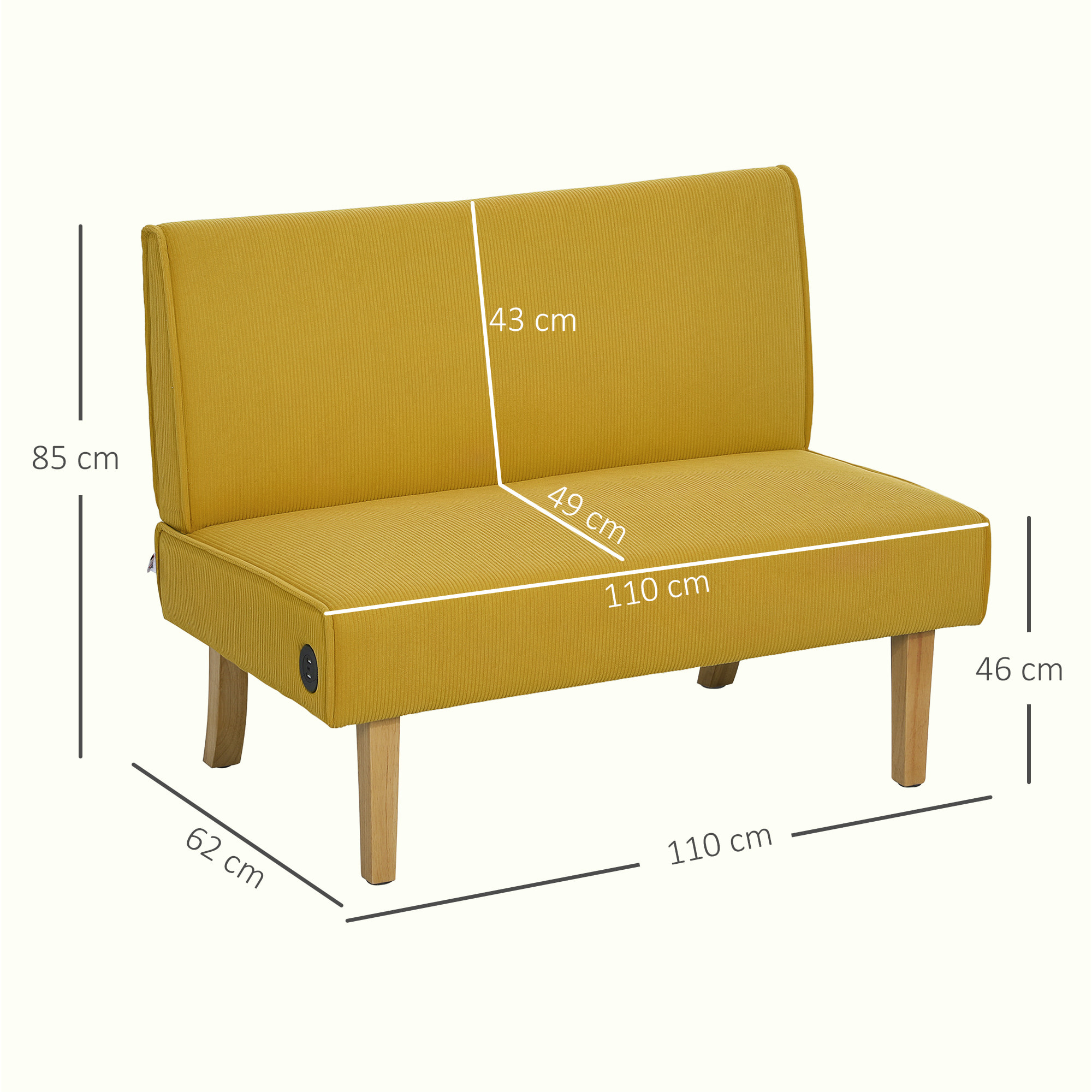 Sofá de 2 Plazas Tapizado en Pana Sofá de Salón sin Brazos con 2 Puertos USB 1 Puerto Tipo-C y Patas de Madera Sofá Pequeño Carga 240 kg 110x60x85 cm Amarillo