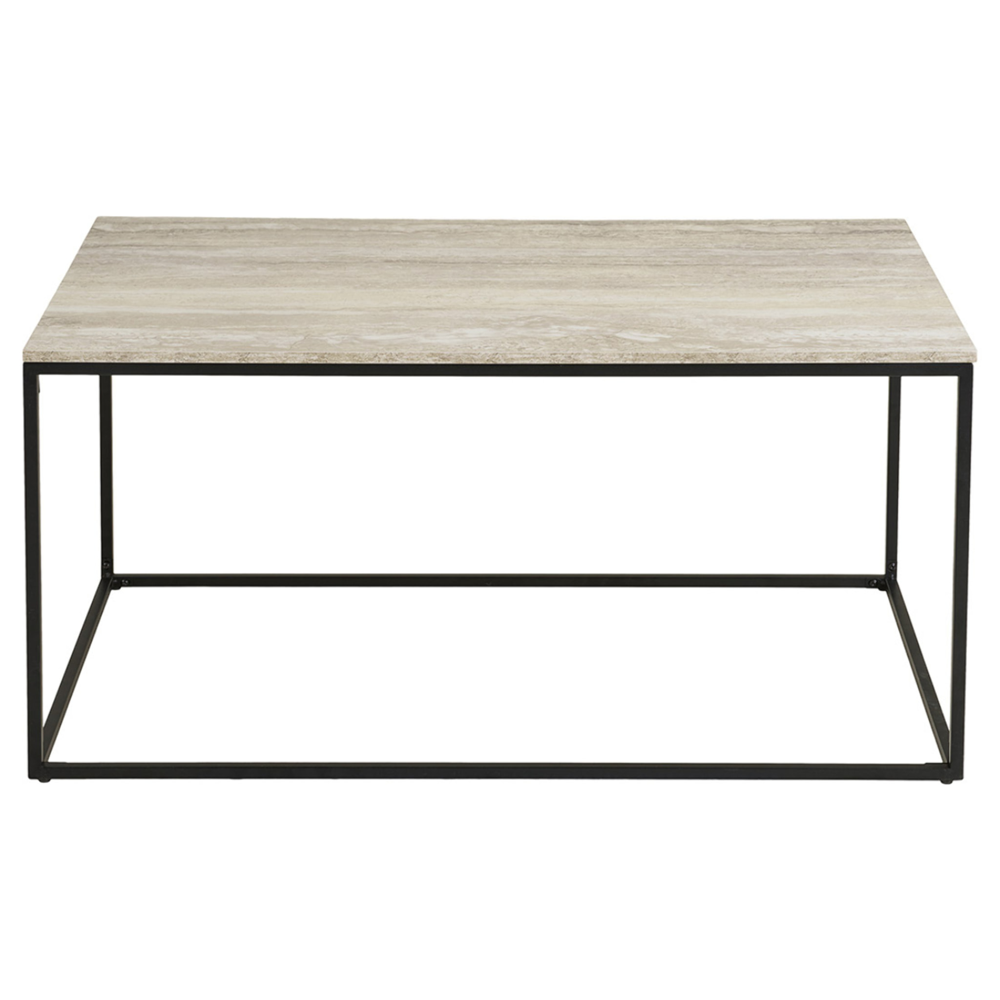 Maya - table basse plateau effet travertin en FSC  100% - pieds en métal - 90 cm - Beige / Noir