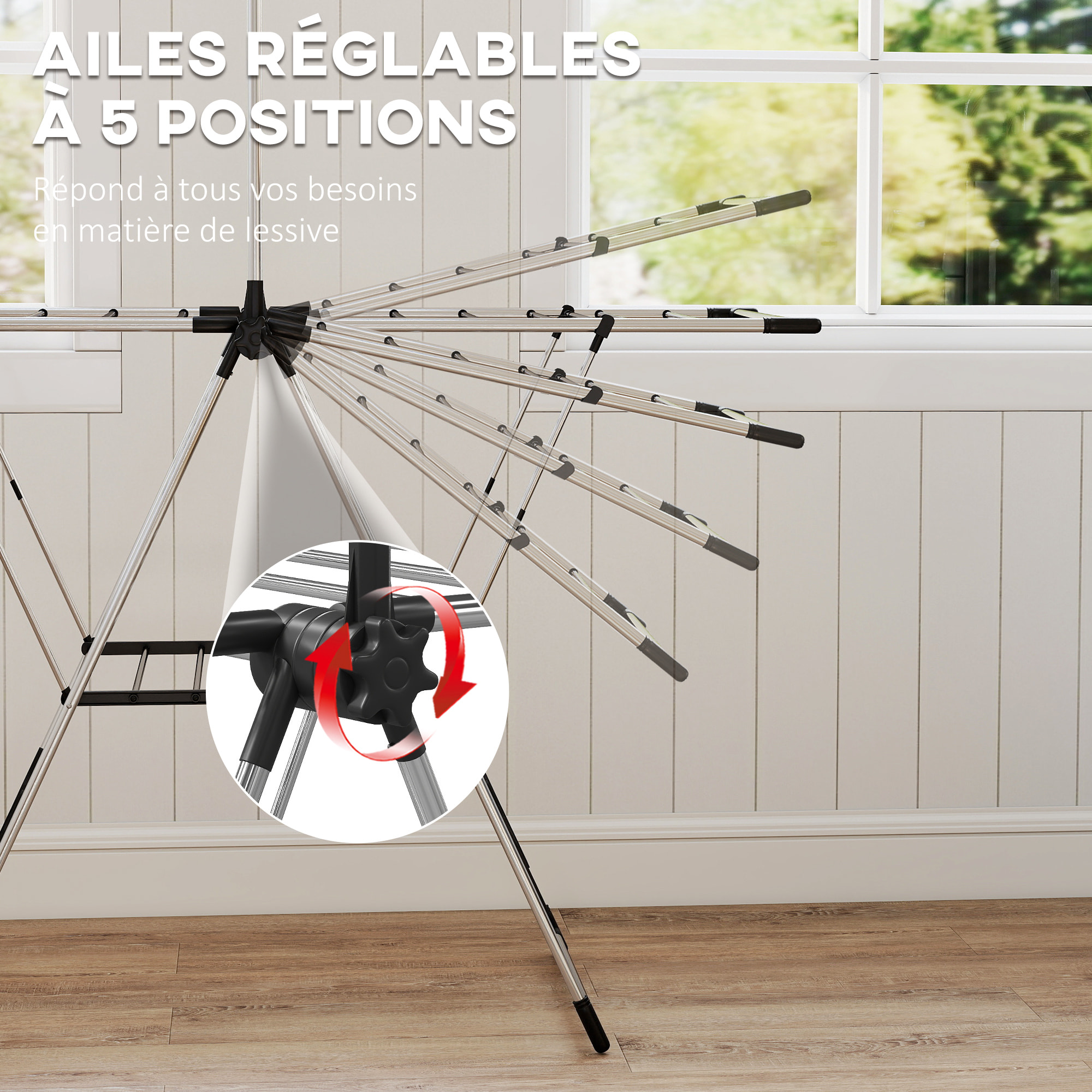 Étendoir pliable - séchoir à linge - ailes réglables, barre suspension - acier inox
