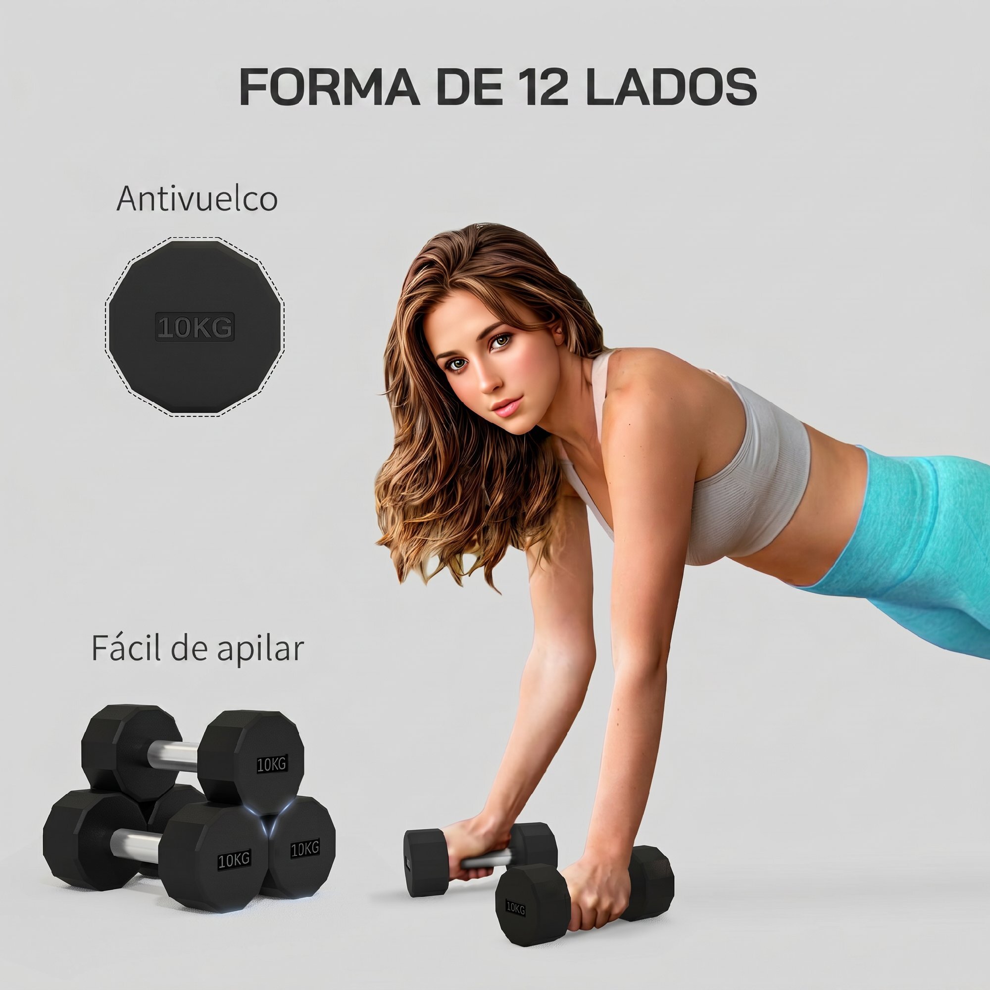 SPORTNOW Juego de Mancuernas Dodecagonales, 2 x 10 kg, de Metal, Recubiertas de Goma, Juego de Pesas con Agarres Antideslizantes para Entrenamiento en Casa, Gimnasio y Oficina, Negro