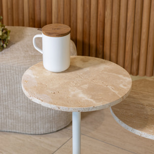 Meuble d'appoint en métal blanc et plateau en travertin TRAVI