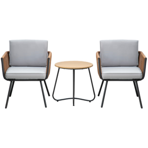 Conjunto de Muebles de Jardín de Ratán 3 Piezas Juego de Muebles de Terraza Incluye 1 Mesa de Centro y 2 Sillones con Cojines Acolchados Naranja y Gris