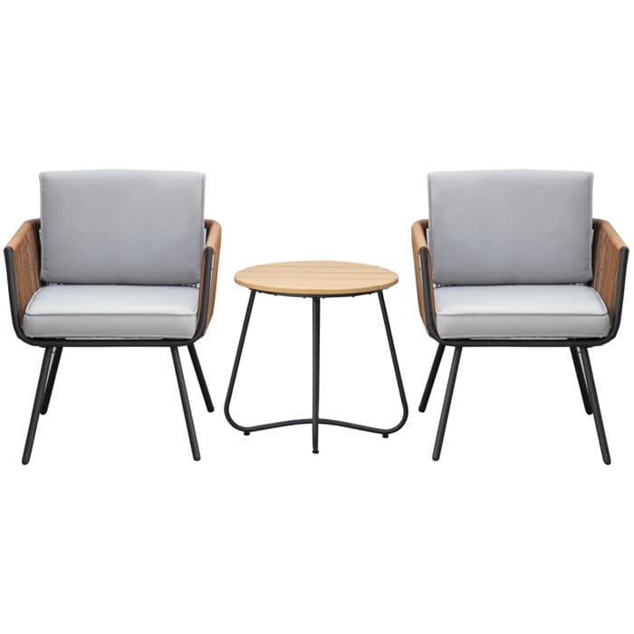 Conjunto de Muebles de Jardín de Ratán 3 Piezas Juego de Muebles de Terraza Incluye 1 Mesa de Centro y 2 Sillones con Cojines Acolchados Naranja y Gris