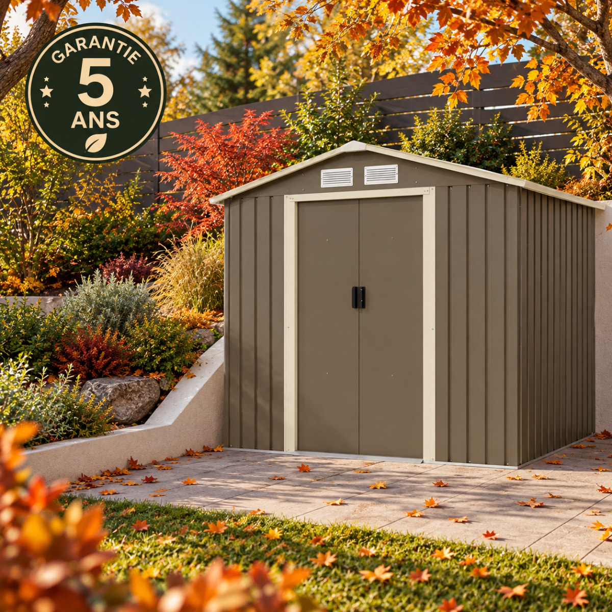 Abri de jardin métal gris/vert 3,26 m² + kit d'ancrage