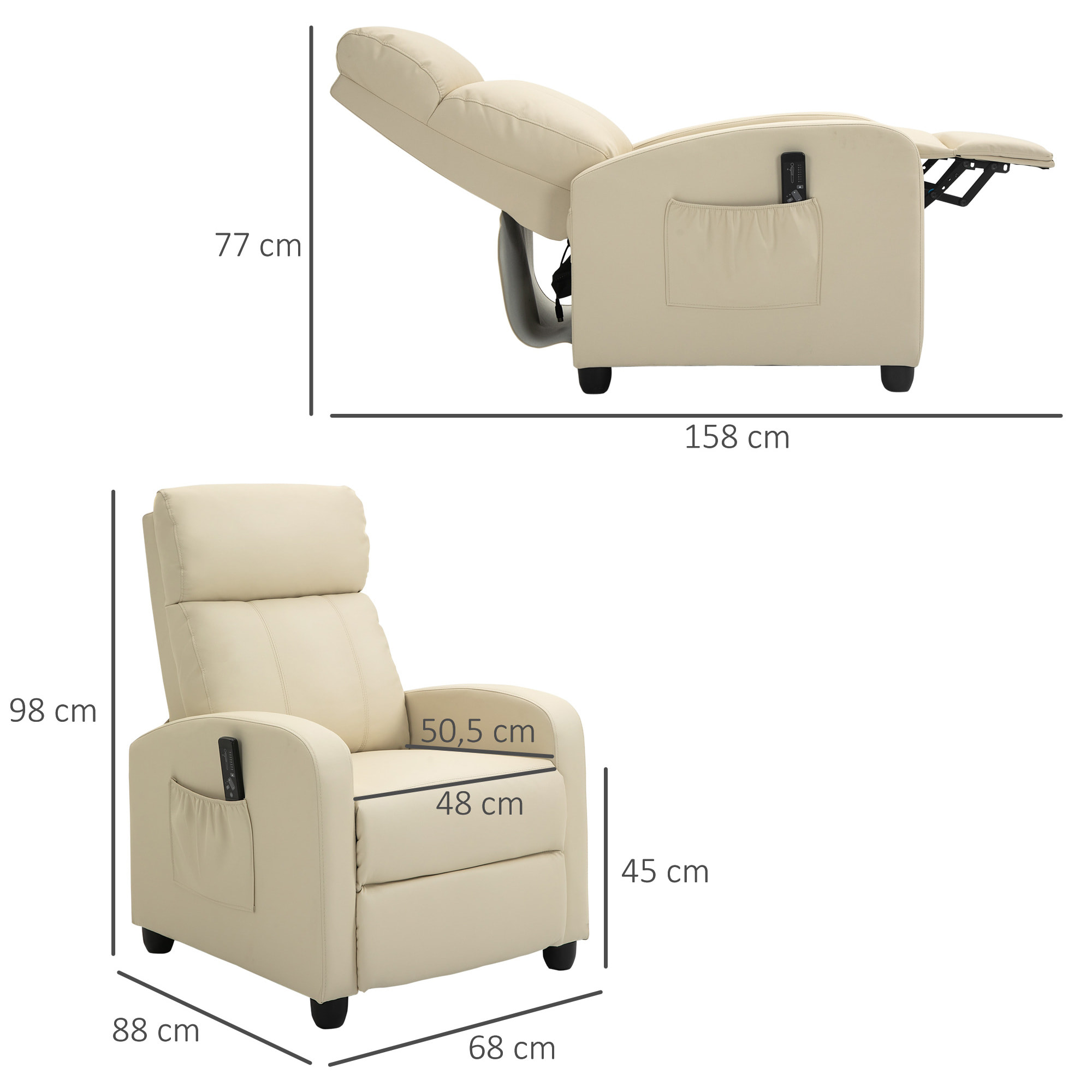 Fauteuil de relaxation et massage inclinaison dossier repose-pied réglable revêtement synthétique crème