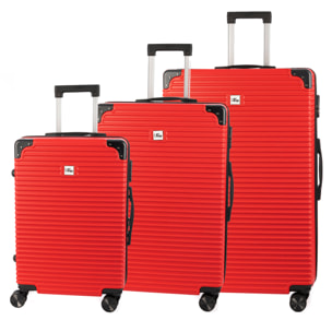 DAM Set di 3 valigie Trolley, in materiale leggero ABS ad alta resistenza con angoli rinforzati. Chiusura numerica e 4 ruote doppie rimovibili e girevoli a 360°. 54x32x80 Cm. Colore: Rosso
