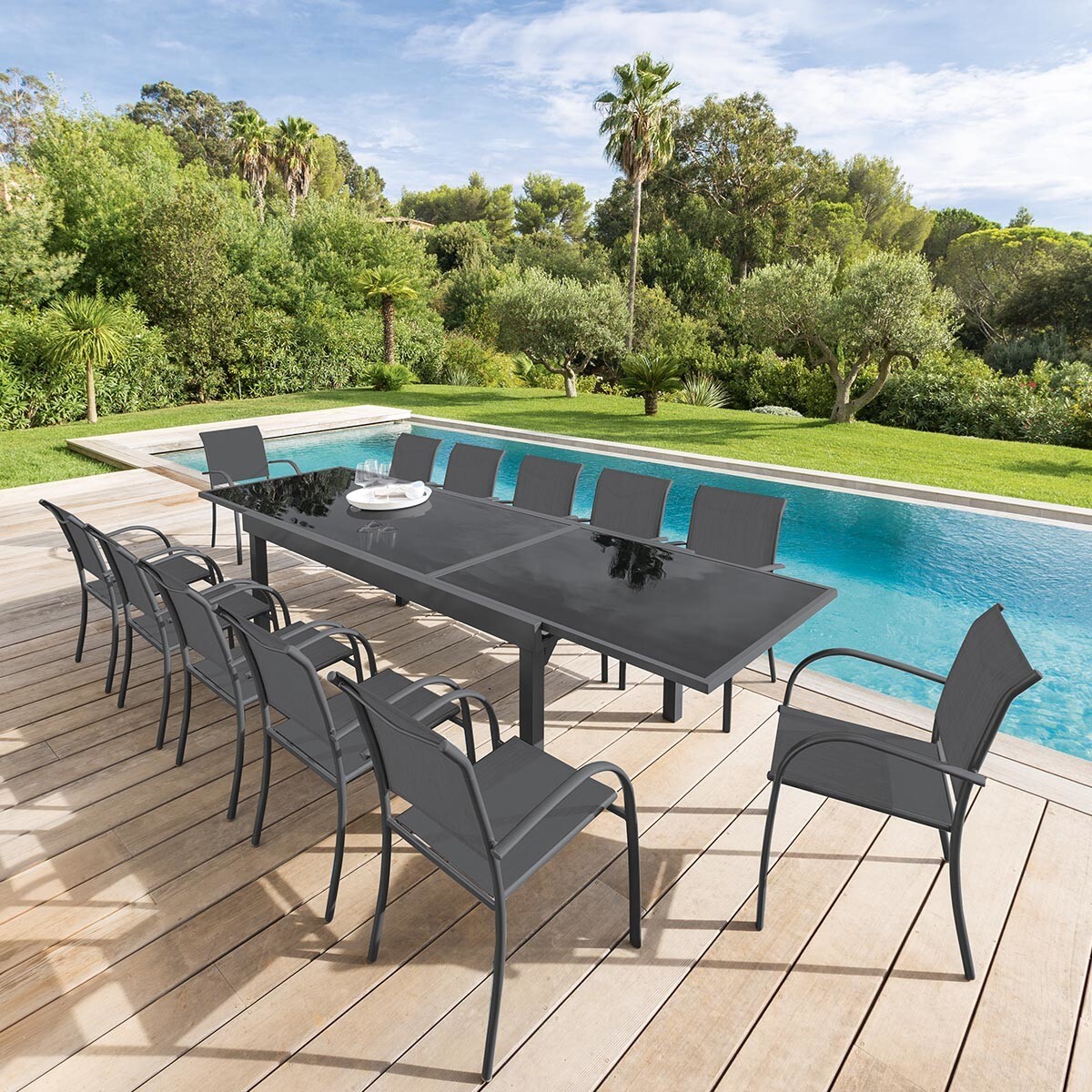 Table de jardin extensible "Piazza" anthracite & graphite 10 places en aluminium traité époxy