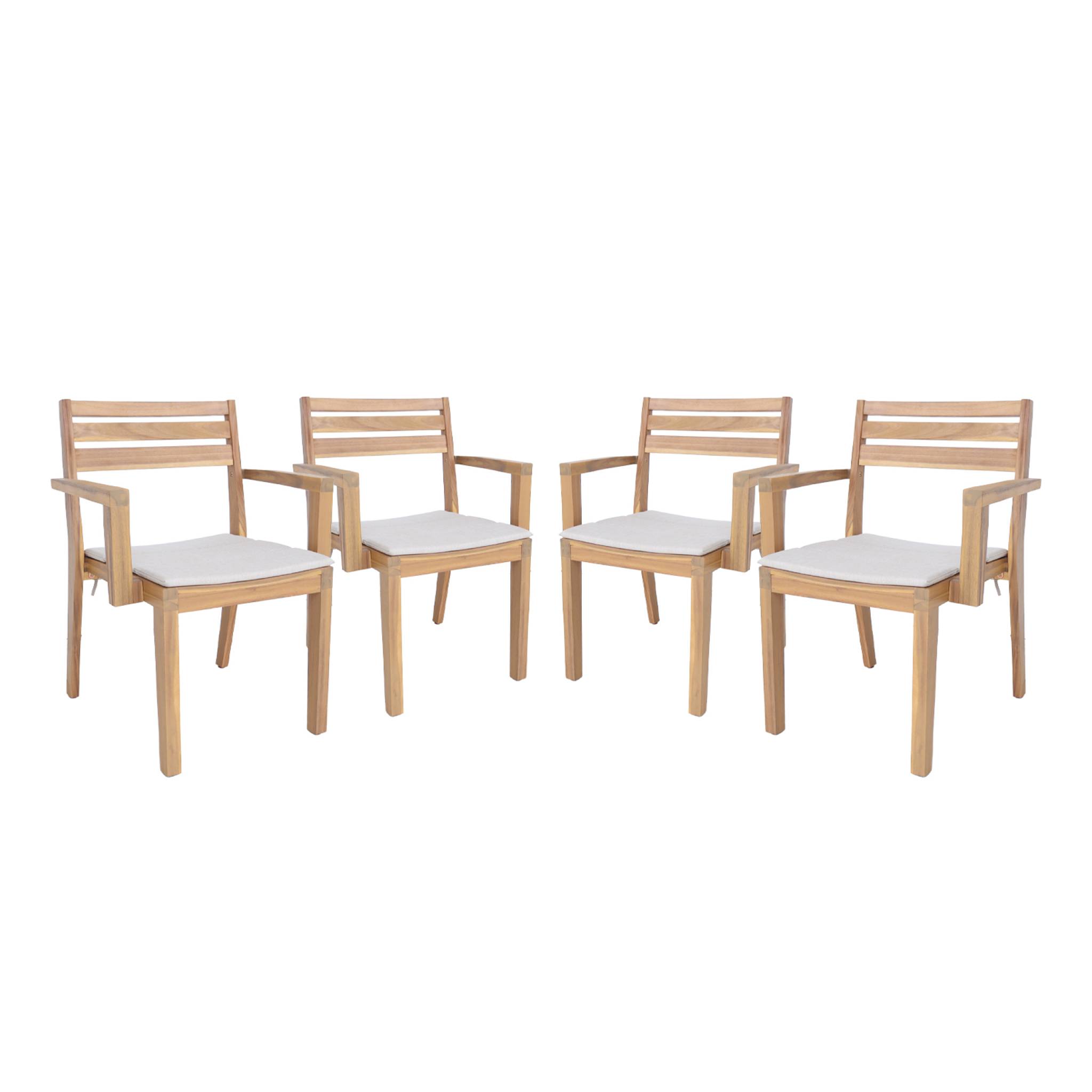 Lot de 4 fauteuils de jardin beige MERINA bois d'acacia avec coussin. 59 x 55 x 81 cm