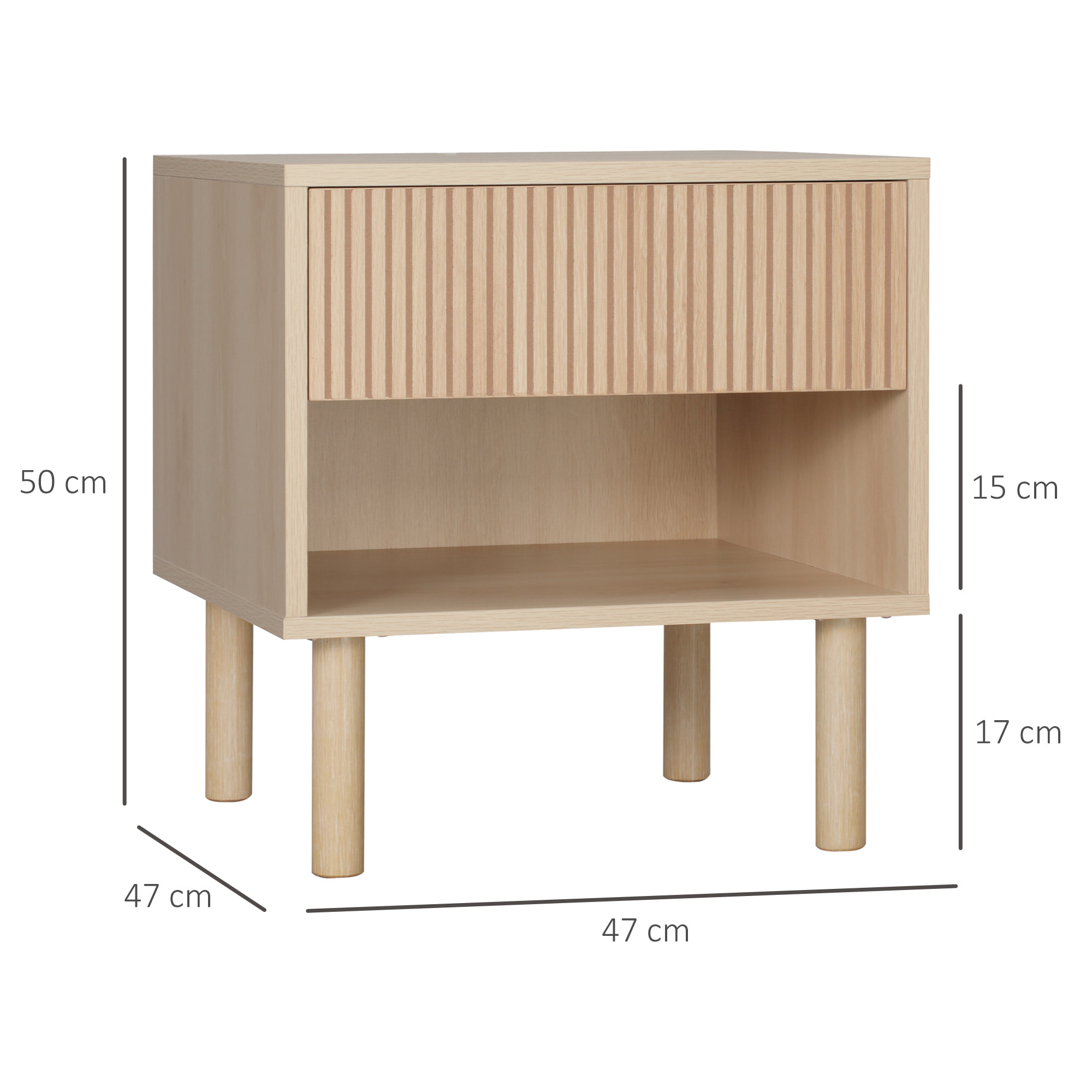 Mesita de Noche, Mesilla de Noche con Cajón y Estante Abierto, Estilo Moderno, Mesita Auxiliar para Dormitorio, Salón, 47x47x50 cm, Madera Natural
