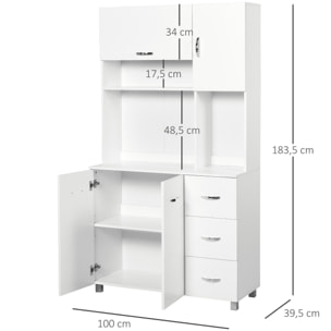 Alacena de Cocina Alacena Alta con 3 Cajones 4 Puertas Estantes Interiores Ajustables y Patas Elevadas Mueble Auxiliar para Comedor Salón 100x39,5x183,5 cm Blanco