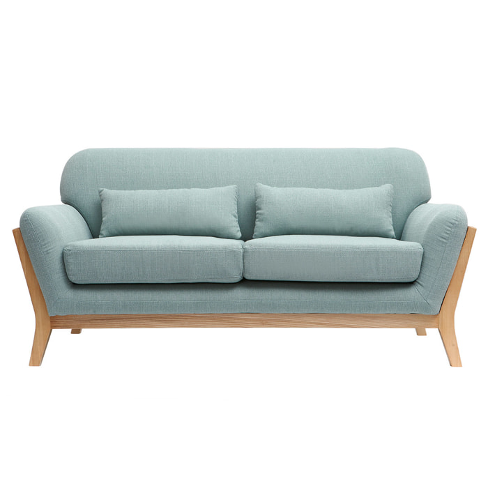 Canapé scandinave 2 places en tissu vert lagon et bois clair YOKO