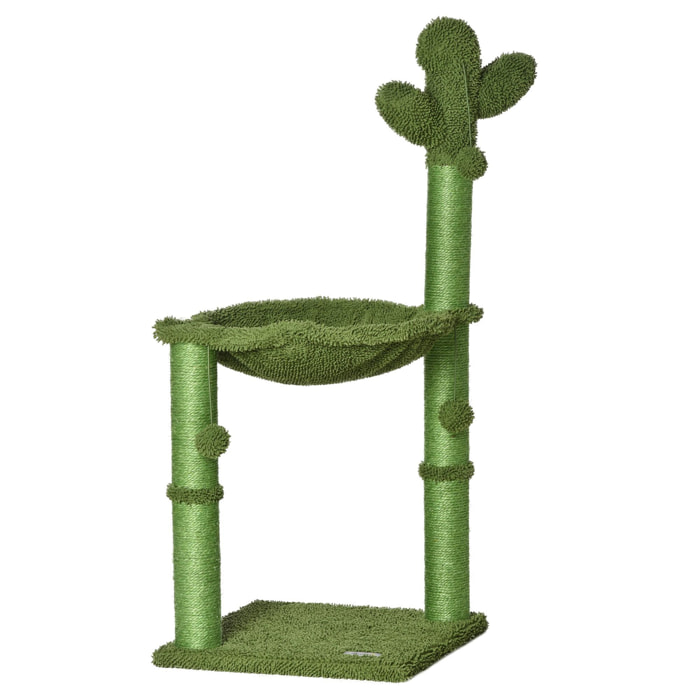 Arbre à chat griffoirs design cactus - hamac, 3 jouets pompons suspendus - panneaux peluche sisal vert