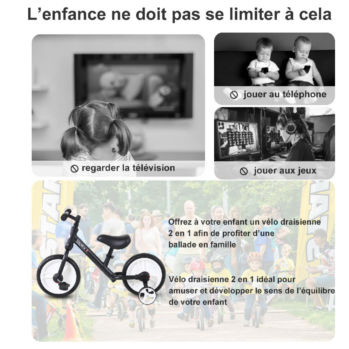 Vélo enfant draisienne 2 en 1 roulettes et pédales amovibles roues 11'' hauteur selle réglable acier noir