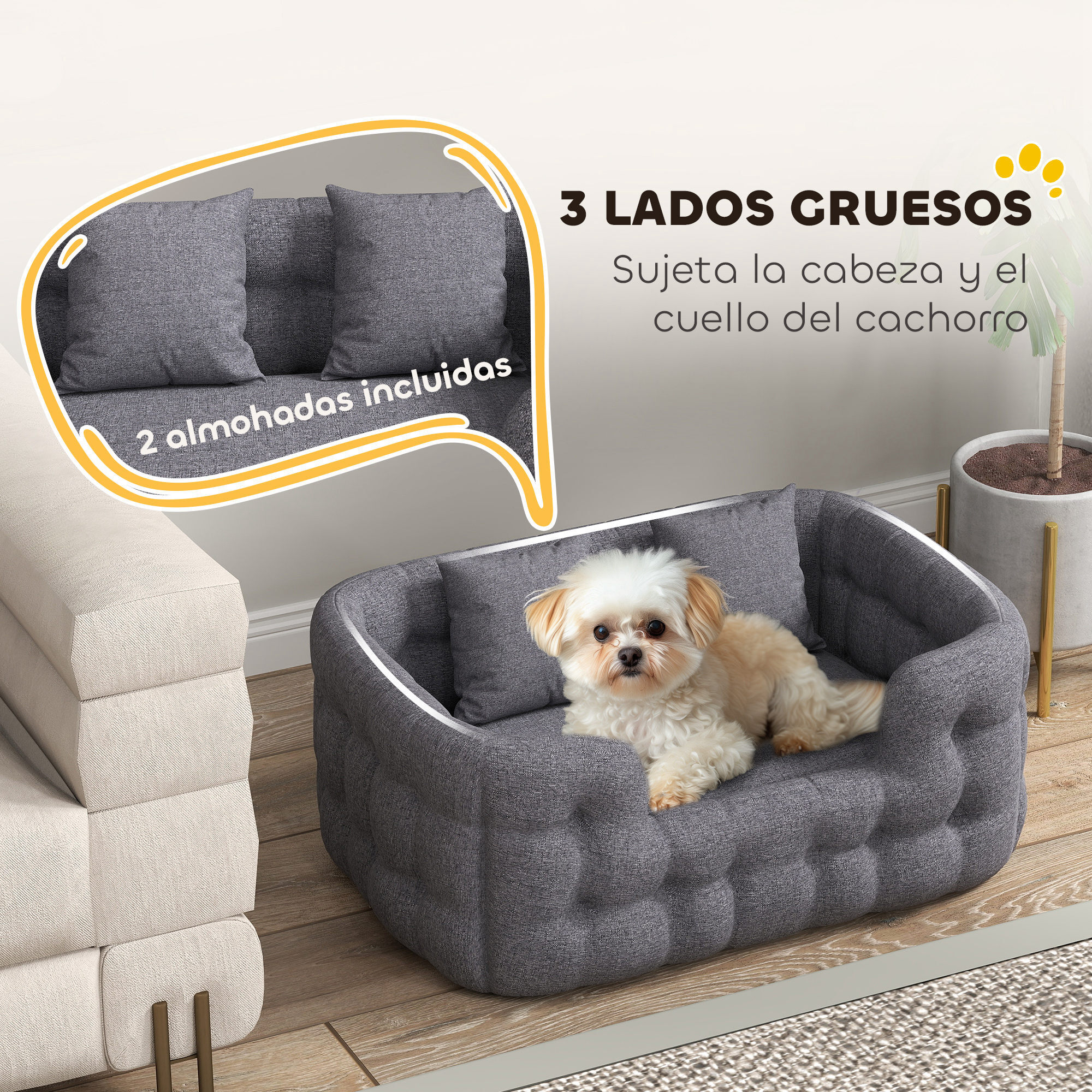 Cama para Perros Pequeños Cama para Mascotas con 2 Almohadas Colchón para Perros con Base Antideslizante Funda Extraíble y Lavable 70x50x30 cm Gris