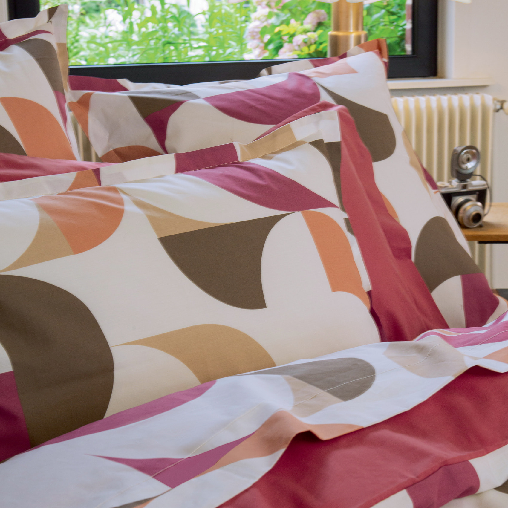 Parure de lit 2 pièces percale de coton géométrique housse + taie - Bordeaux