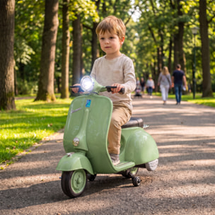 Moto Eléctrica para Niños Licencia VESPA 6V, Moto Eléctrica Infantil con Arranque Suave, Ruedines Desmontables, Luz Delantera, Música, Bocina, USB, Avance, Atrás, para Niños de +3 Años, Verde