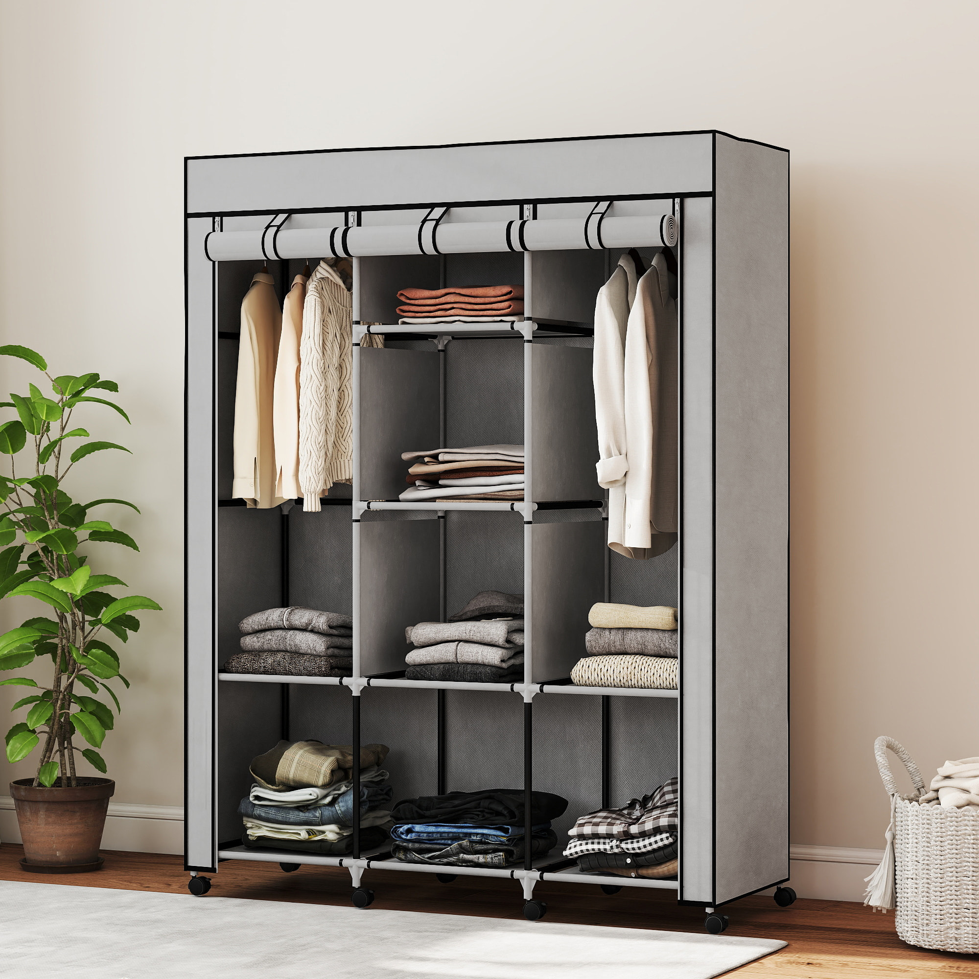 Armoire penderie multi-rangement - 8 étagères, 2 barres - acier noir non tissé gris