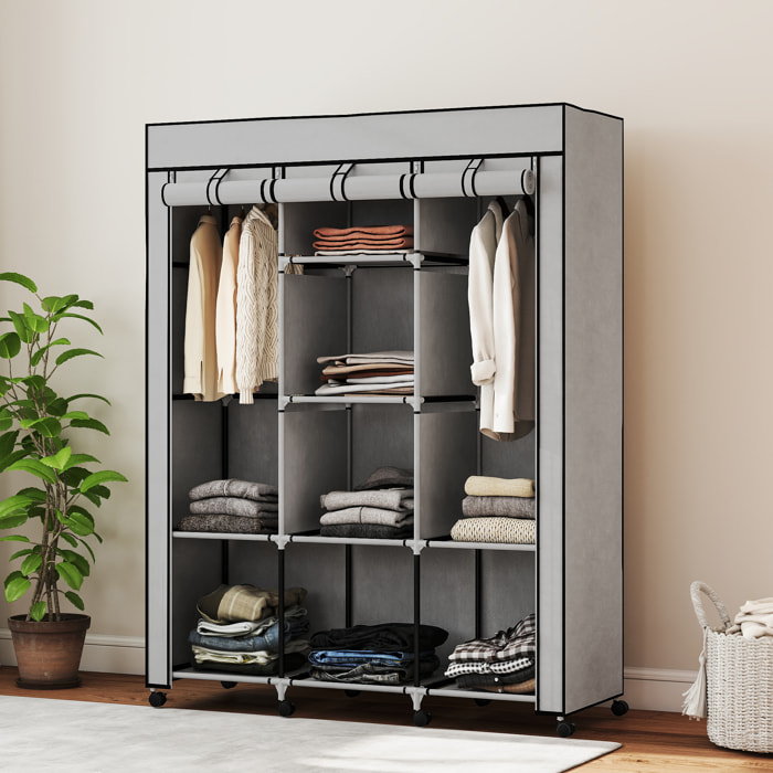 Armoire penderie multi-rangement - 8 étagères, 2 barres - acier noir non tissé gris