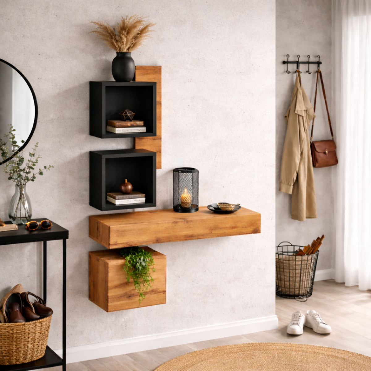 Mobile Ingresso Moderno Con Pensili A Giorno Mensole Sospese Con Cassetto E Anta Salvaspazio Design Nordico 100 x 170 x 30 Cm Nero E Rovere