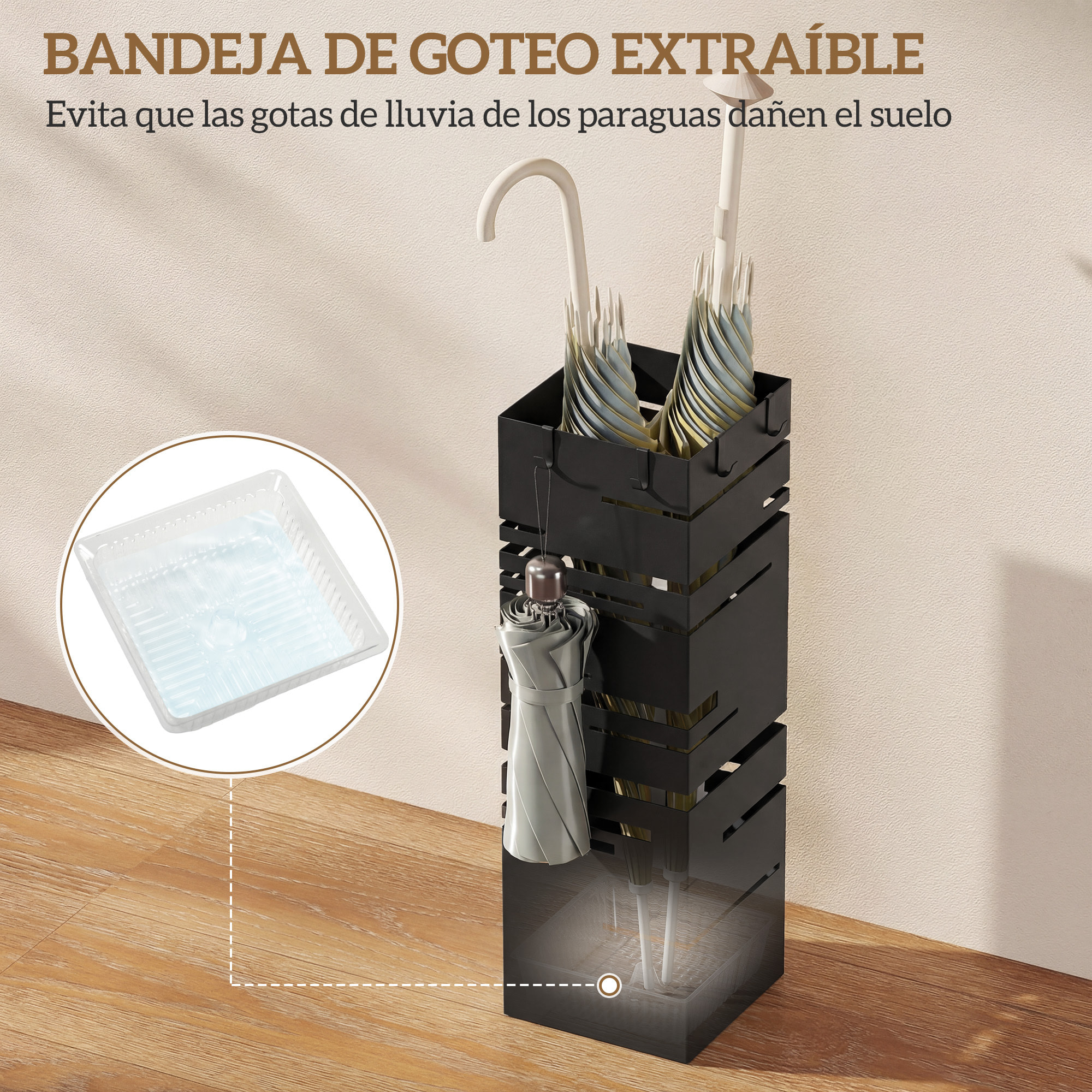 ParagÃƒÂ¼ero Metálico, Soporte de Paraguas con 4 Ganchos y Bandeja de Goteo Extraíble, ParagÃƒÂ¼ero Negro para Entrada, Oficina, 15,5x15,5x49 cm