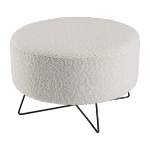 AGATHE - Pouf rond tissu bouclette blanc pieds croisés métal noir