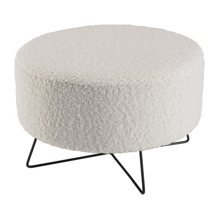 AGATHE - Pouf rond tissu bouclette blanc pieds croisés métal noir