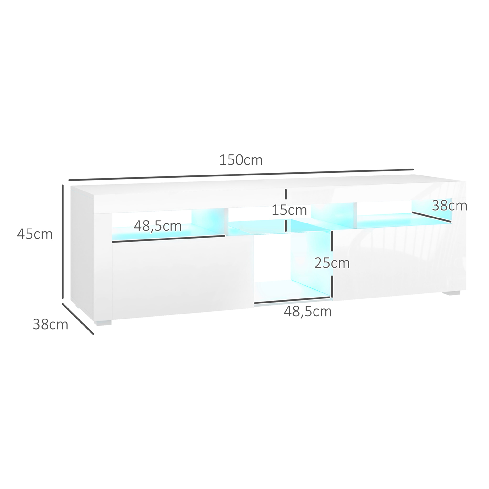 Meuble TV design LED - 55 pouces max. - 2 portes, 4 niches - dim. 150L x 38l x 45H cm - blanc laqué