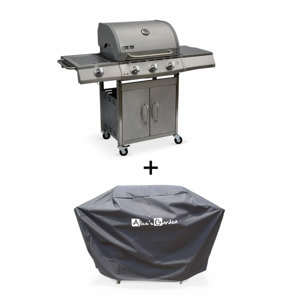 Barbecue gaz inox 14kW – Richelieu inox – Barbecue 4 brûleurs dont 1 feu latéral. côté grill et côté plancha. housse de protection incluse