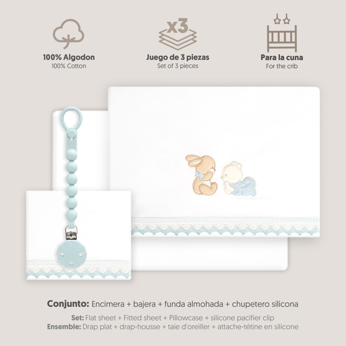 Triptico Cuna Guipur Oso Tumbado Conejito + Broche Bco/Azul