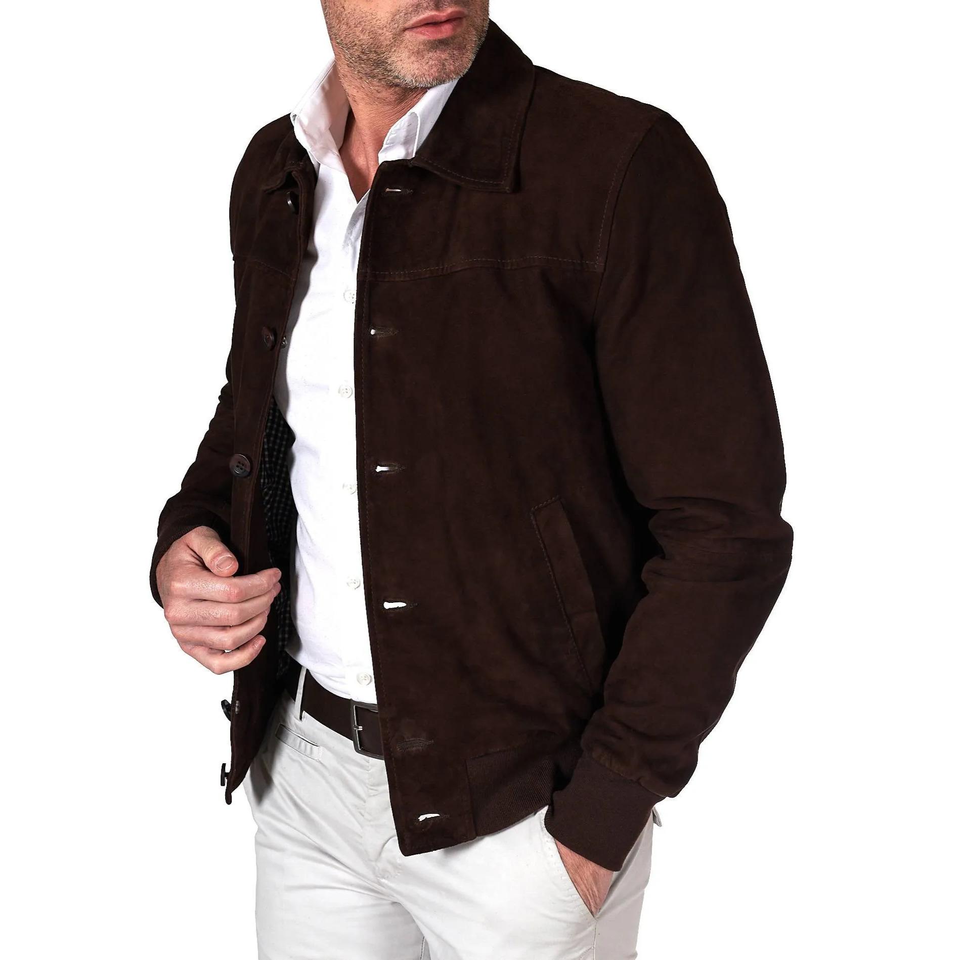 Giacca bomber in pelle camoscio testa di moro collo camicia