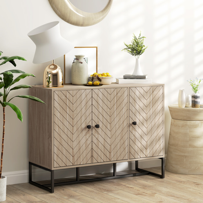 Aparador de 3 Puertas con Diseño Chevron, Aparador de Salón con Estantes Ajustables, Patas de Acero, para Cocina, Entrada, Dormitorio, Roble, 108x40x80 cm