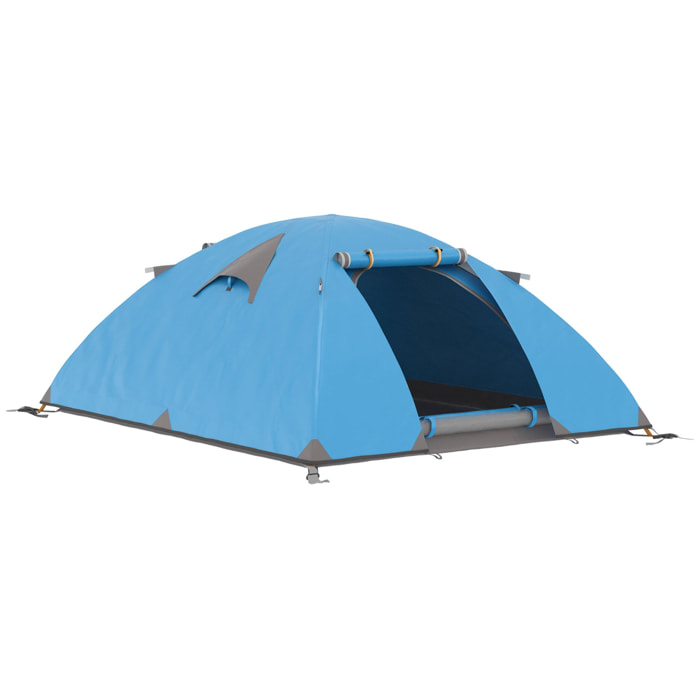 Tente de camping 2-3 personnes dim. 268L x 214l x 103H cm - 2 portes zippées, tapis sol, sac transport - alu. polyester gris bleu
