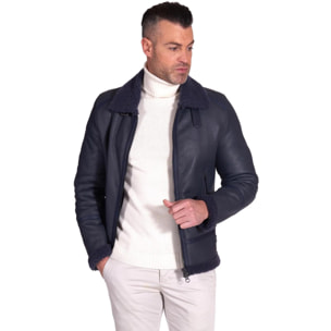 Montone blu Shearling biker uomo collo camicia con fibbia