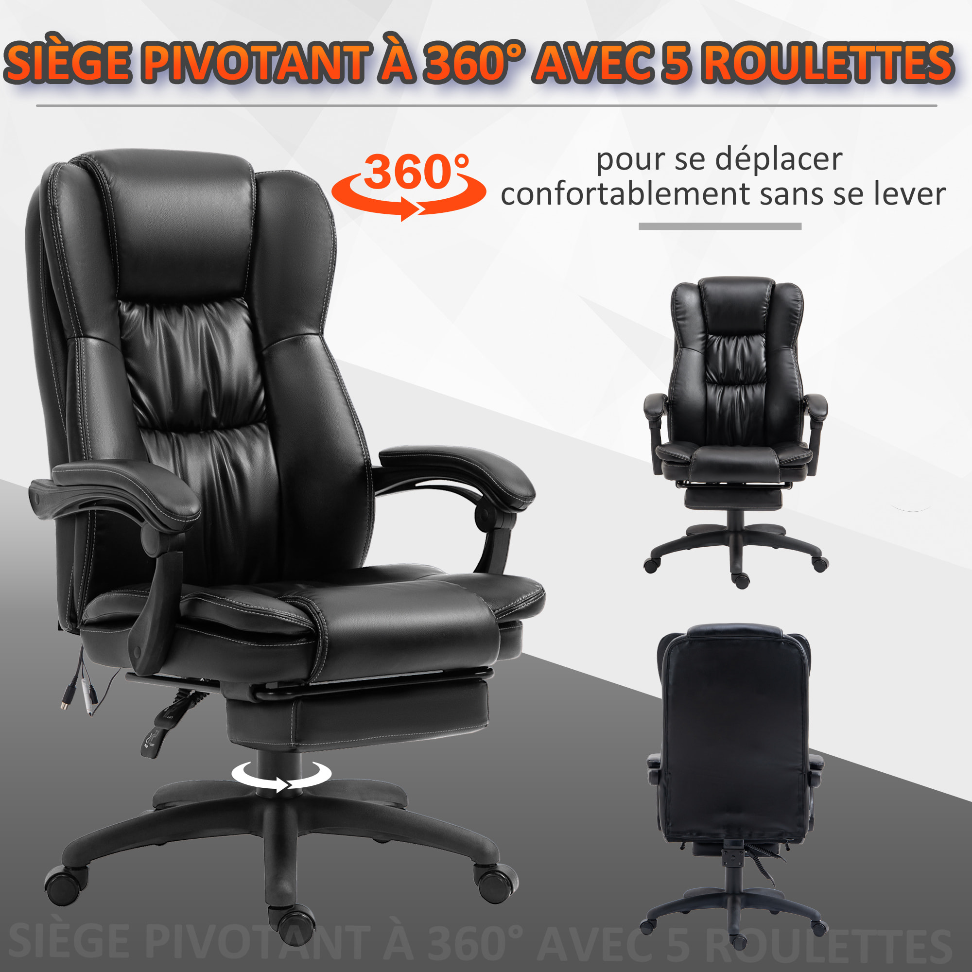 Fauteuil bureau massant inclinable réglable repose-pieds rétractable grand confort synthétique noir