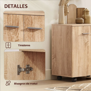 Aparador con Ruedas, Aparador de Salón con 2 Puertas y Estantes, para Sala de Estar, Dormitorio, Oficina, 60x35x65 cm, Natural