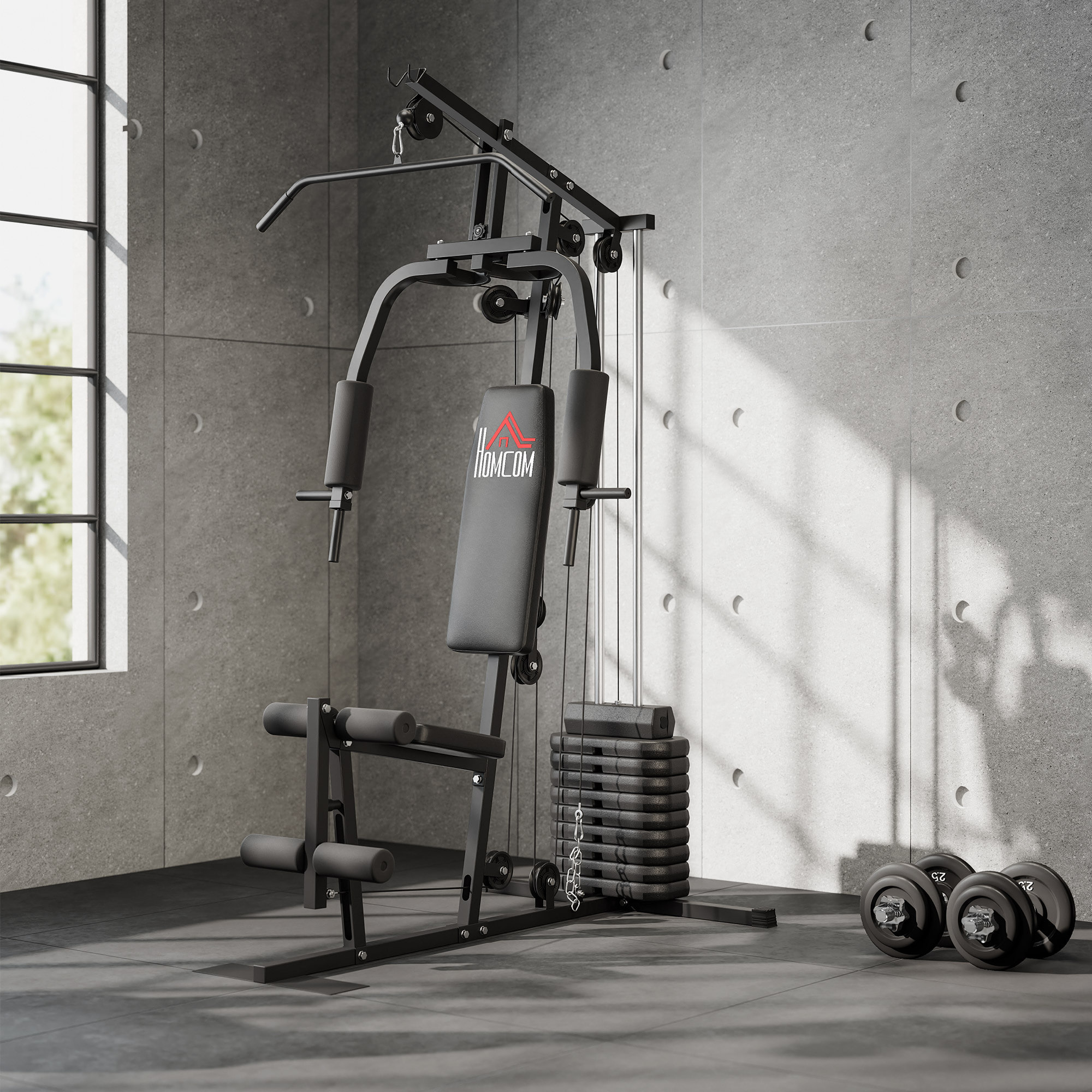 Station de musculation - entrainement complet - développé couché, butterfly, barre latissimus, curler - 9 contrepoids - acier noir