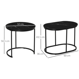 Lot de 2 tables basses gigognes - tables d'appoint encastrables style contemporain - piètement acier plateau MDF aspect marbre noir