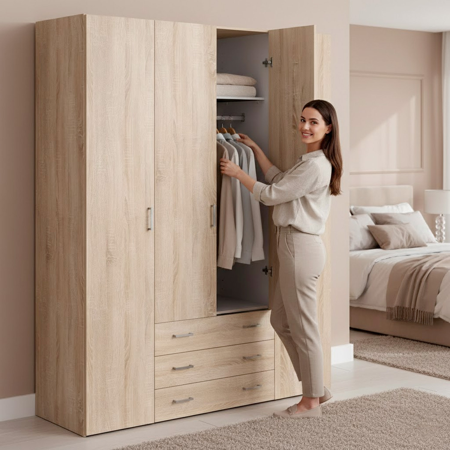 Armadio Guardaroba Con 4 Ante E 3 Cassetti Design Moderno Ampio Vano Con Barra Appendiabiti e Ripiani Salvaspazio Abiti 154 x 49.5 x 200.4 Cm Rovere