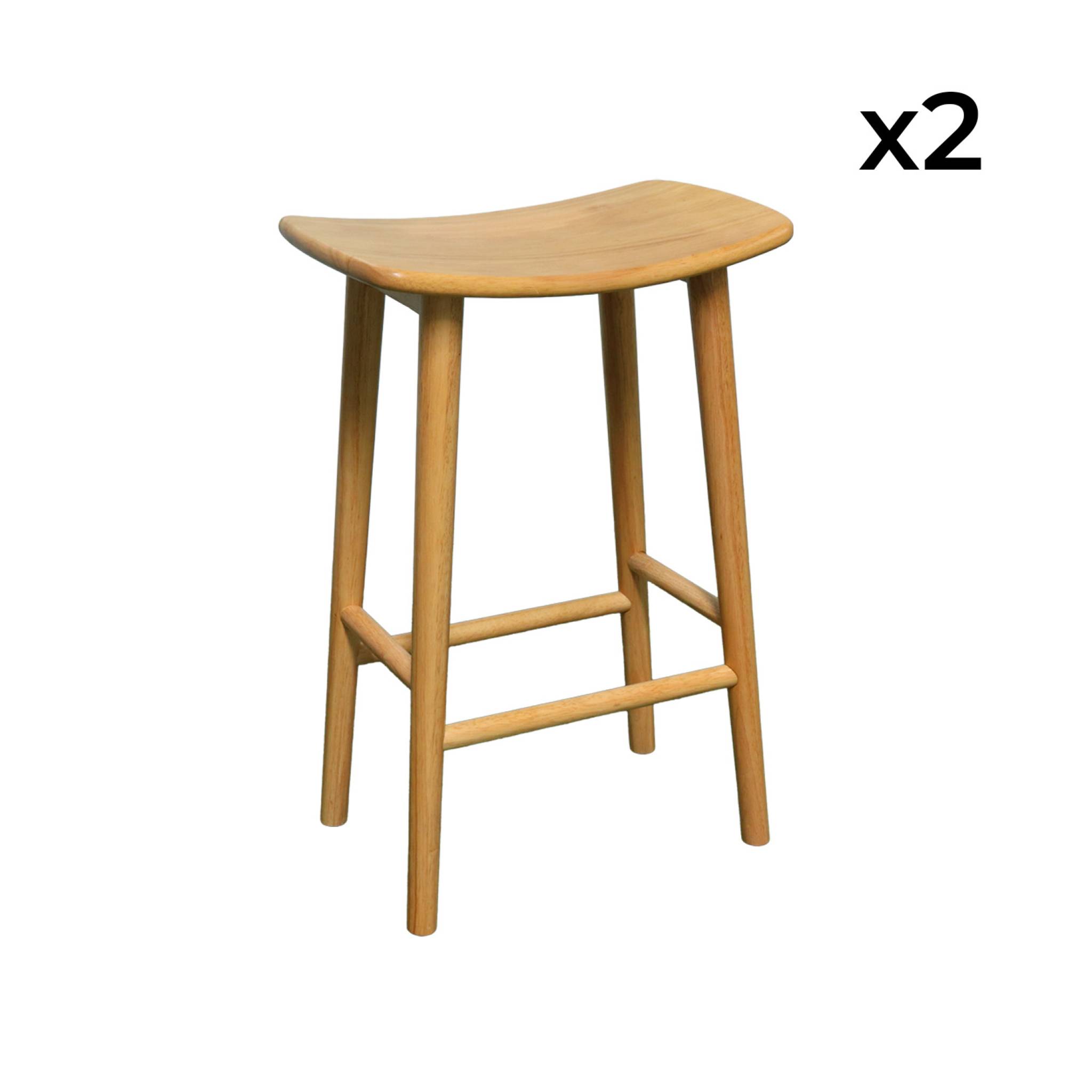 Lot de 2 tabourets de bar vintage bois d'hévéa teinte naturelle - 46 x 31 x 68 cm - Louna