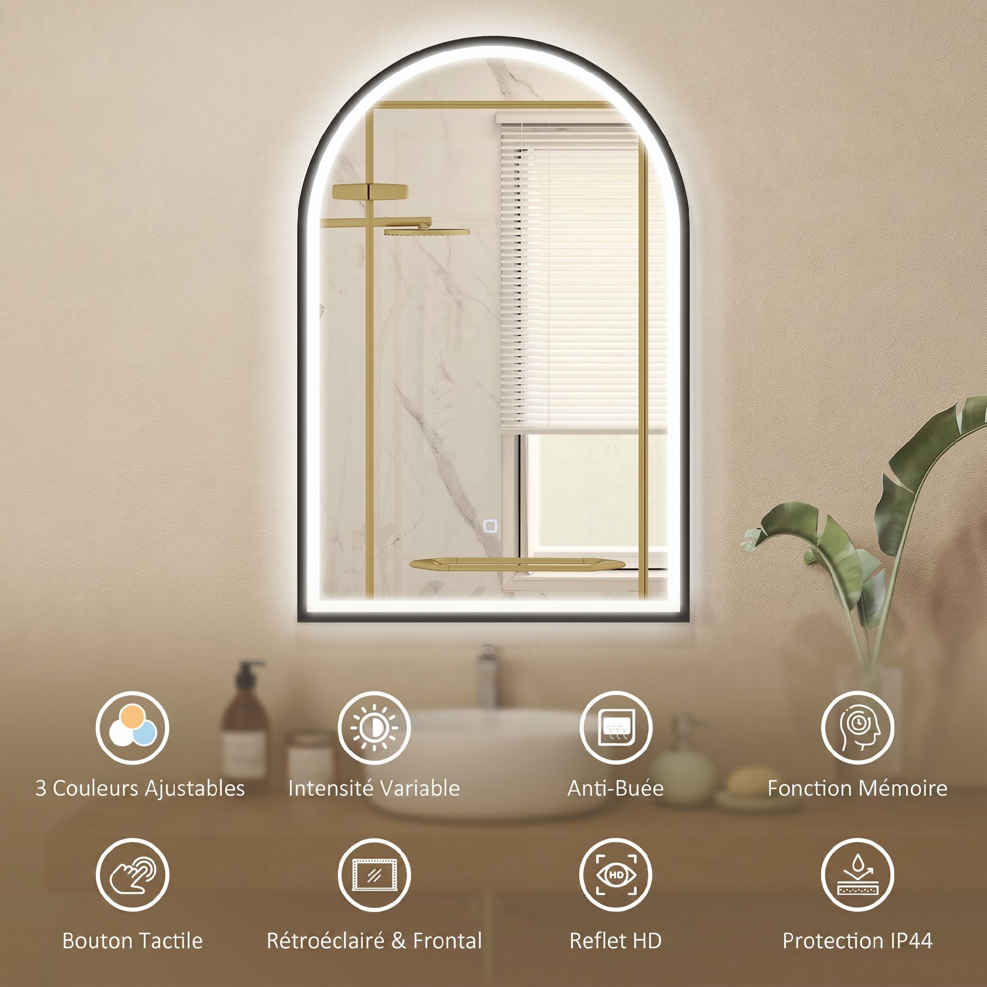 Miroir salle de bain LED design arche 60 x 90 cm anti-buée dimmable tactile réglable verre trempé alu noir