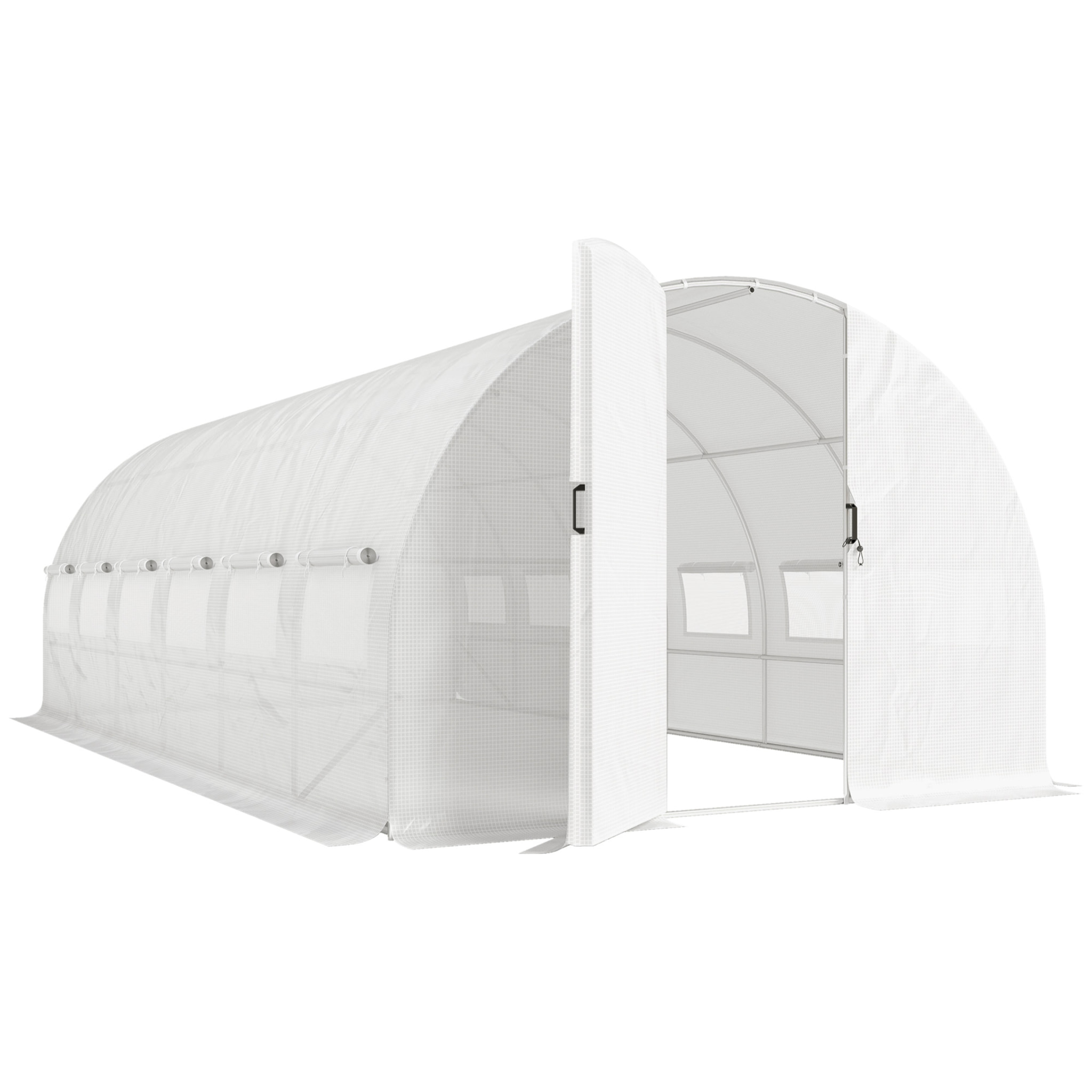 Serre tunnel de jardin 18 m² porte 12 fenêtres enroulables acier PE blanc