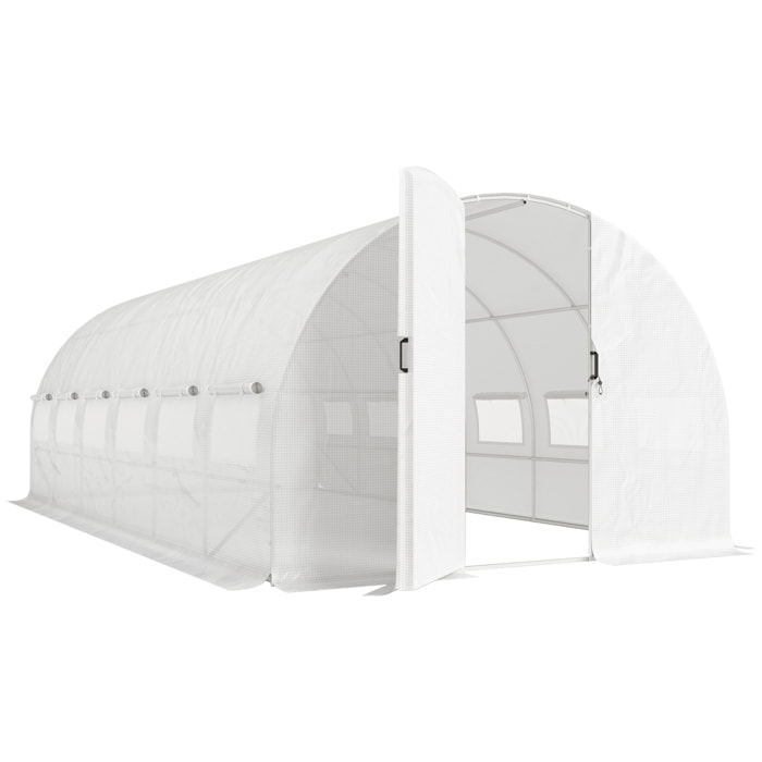 Serre tunnel de jardin 18 m² porte 12 fenêtres enroulables acier PE blanc