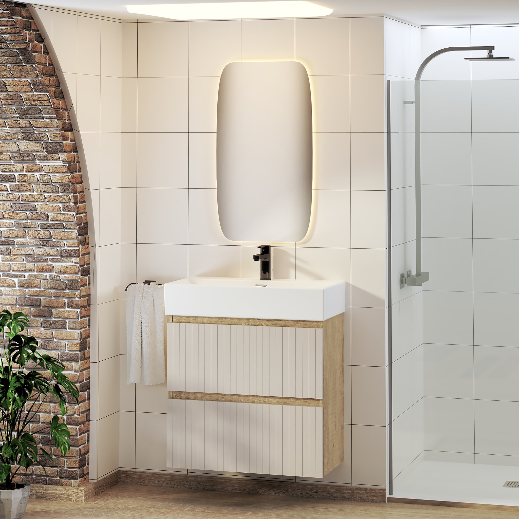 Ensemble de Salle de Bain Zel | Meuble Suspendu | 70 cm Glacier | Deux Tiroirs | Lavabo Encastré | Miroir non inclus | Meuble Monté | Alday