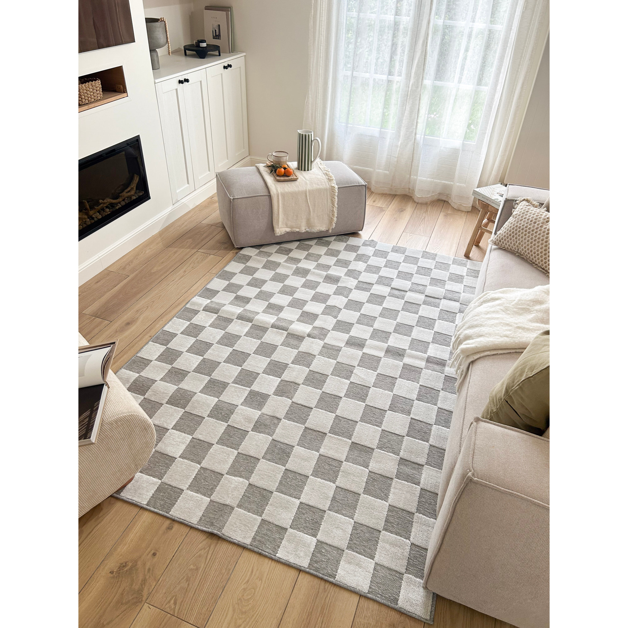 GARDEN - Tapis d'intérieur / extérieur à motif damier blanc et gris