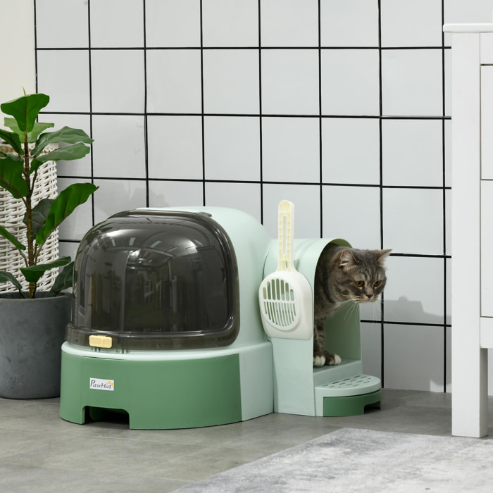 Maison de toilette litière pour chat design capsule spatiale - porte, capot ouvrant, pelle, 2 tiroirs amovibles - vert noir