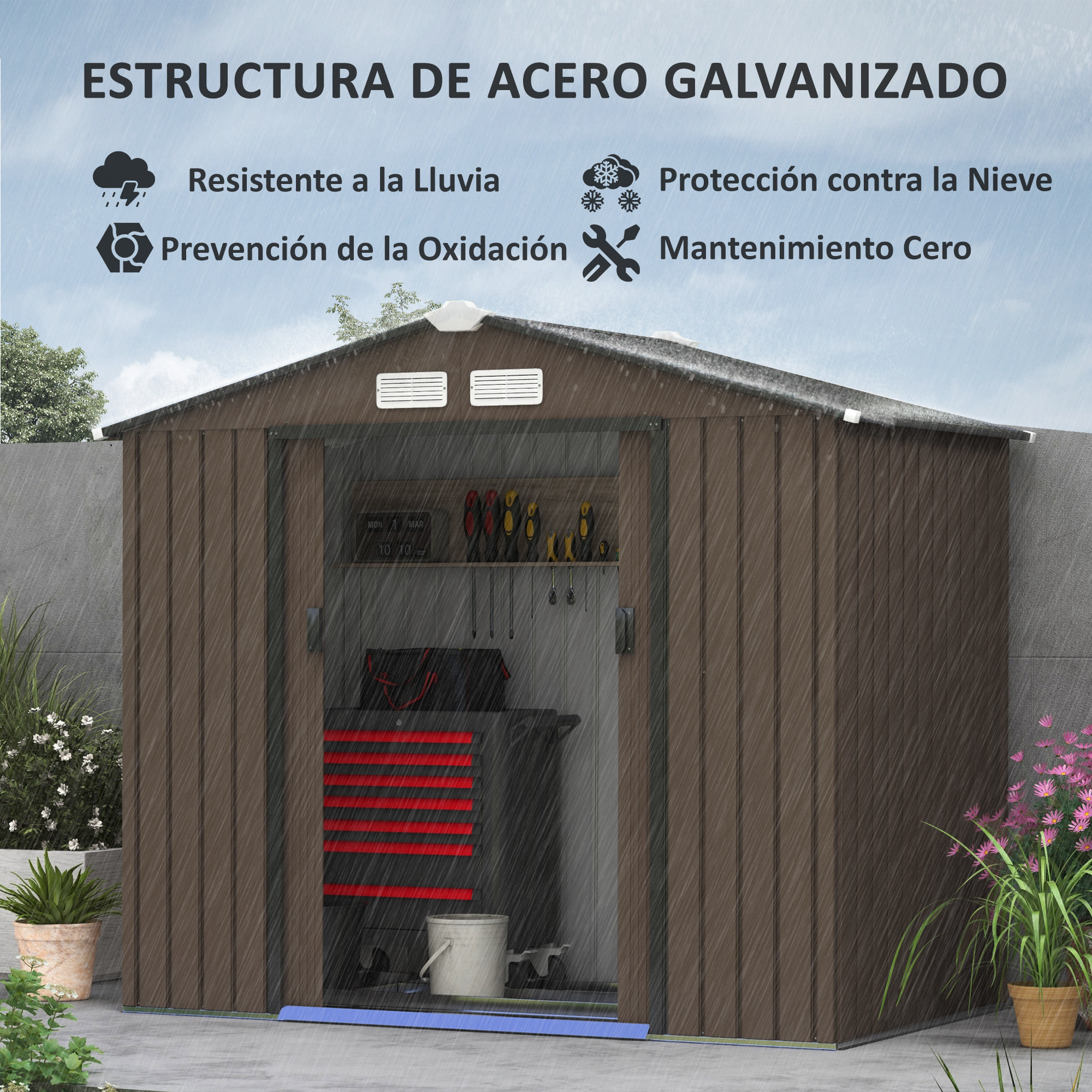 Cobertizo de Jardín con Base 213x130x185 cm Caseta de Jardín Exterior con 2 Puertas Correderas y 4 Ventanas para Almacenamiento de Herramientas Marrón
