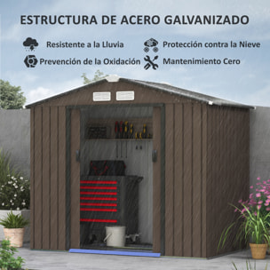 Cobertizo de Jardín con Base 213x130x185 cm Caseta de Jardín Exterior con 2 Puertas Correderas y 4 Ventanas para Almacenamiento de Herramientas Marrón