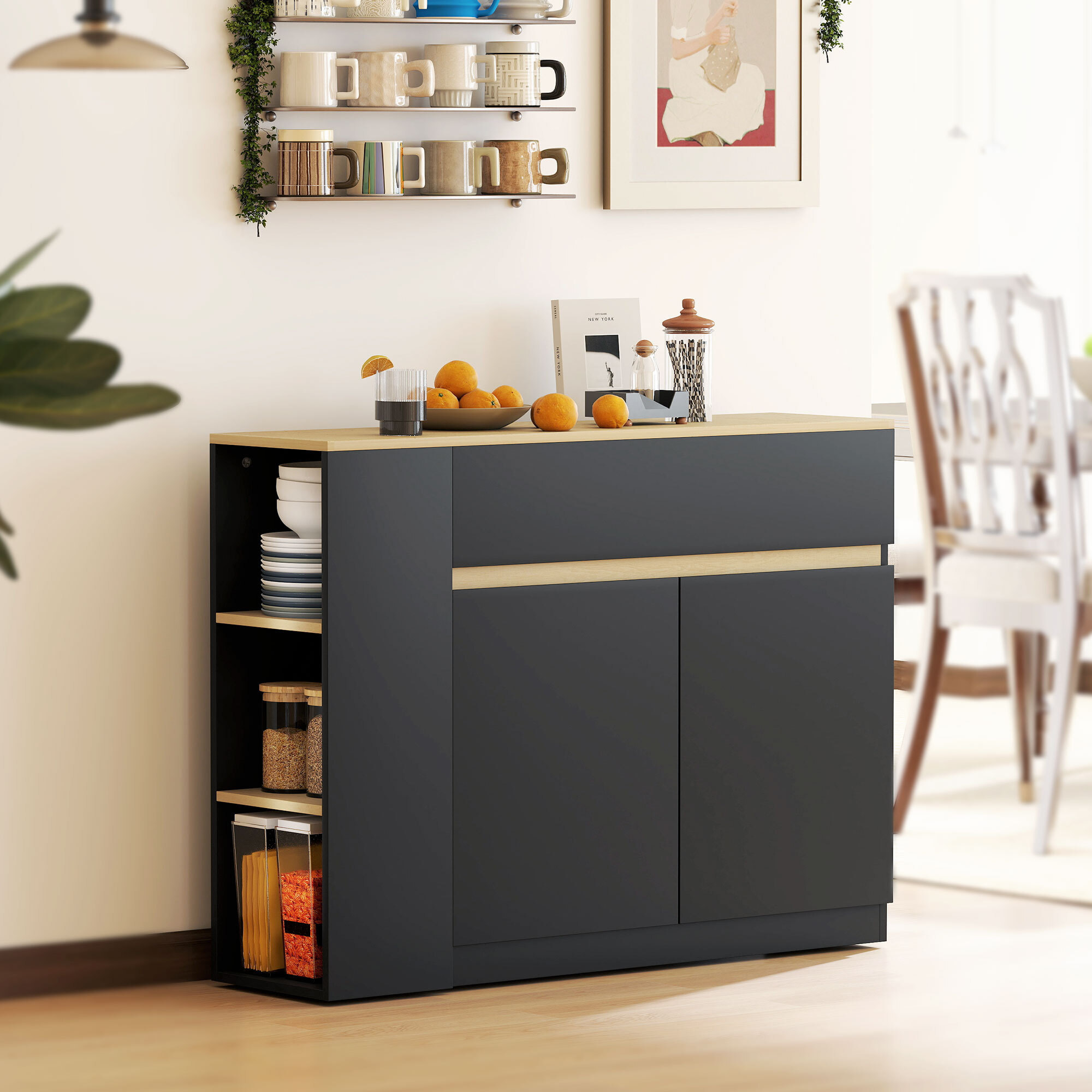 Buffet design bicolore noir effet chêne clair 2 portes étagère grand tiroir avec séparateur 3 niches