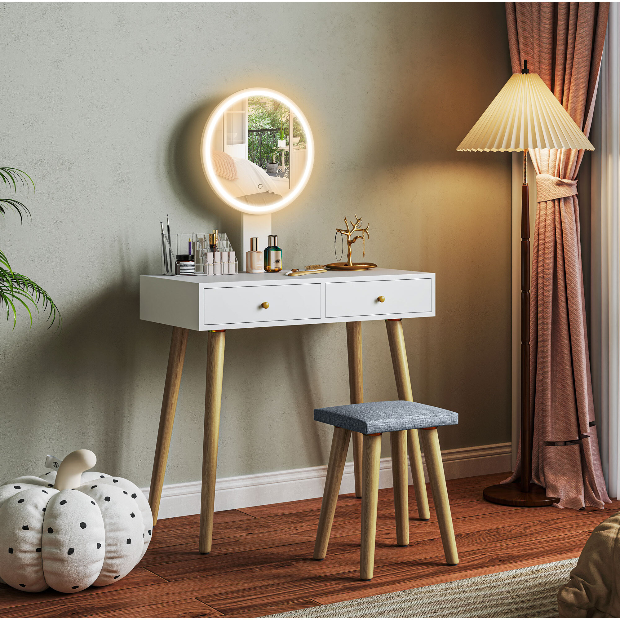 Tocador de Maquillaje con Luz LED y Taburete Mesa de Maquillaje con Espejo Brillo Ajustable 3 Colores 2 Cajones y Organizador Tocador Moderno para Dormitorio 80x43x133 cm Blanco